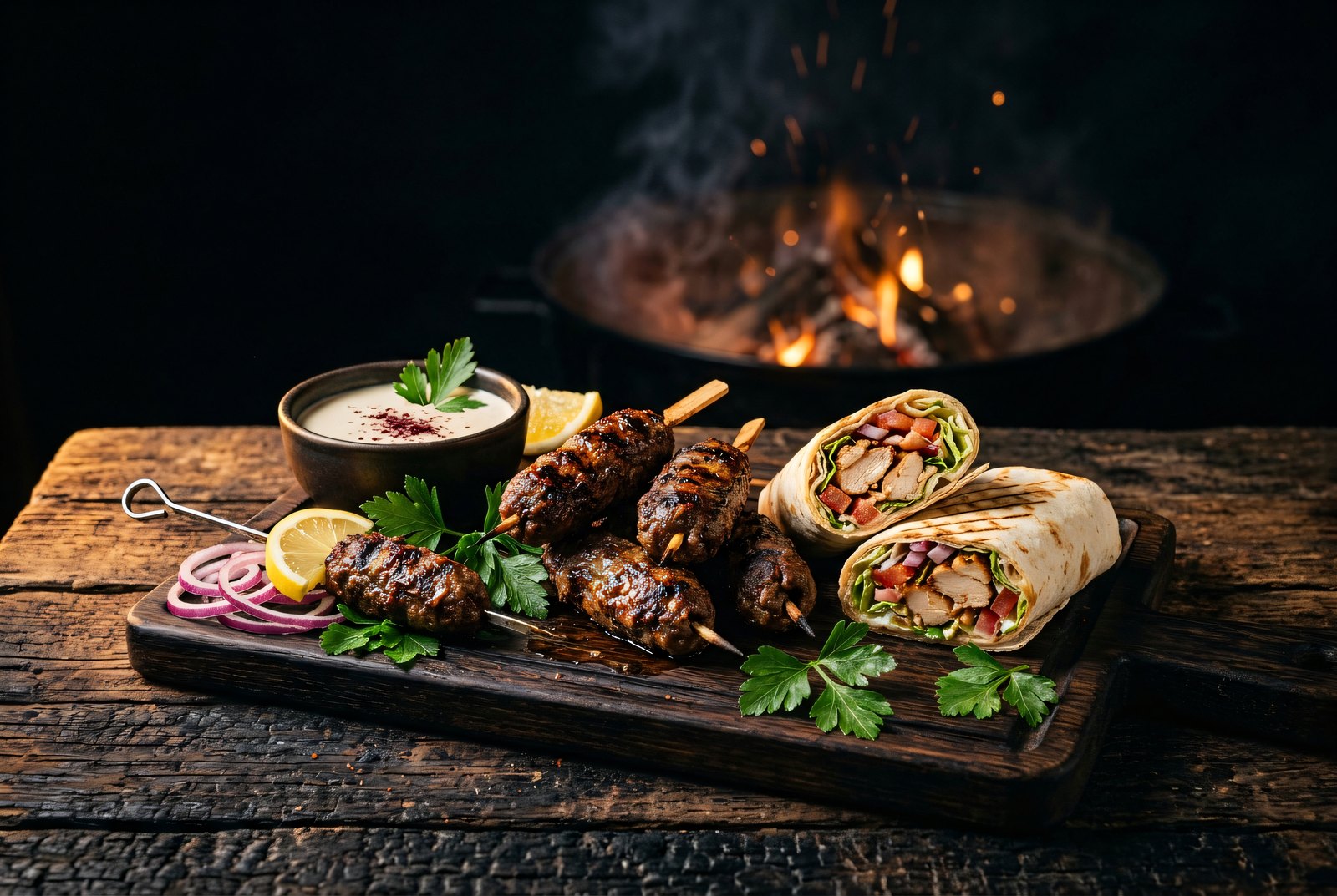 Platter of mini kebabs and mini shawarma wraps by an open fire