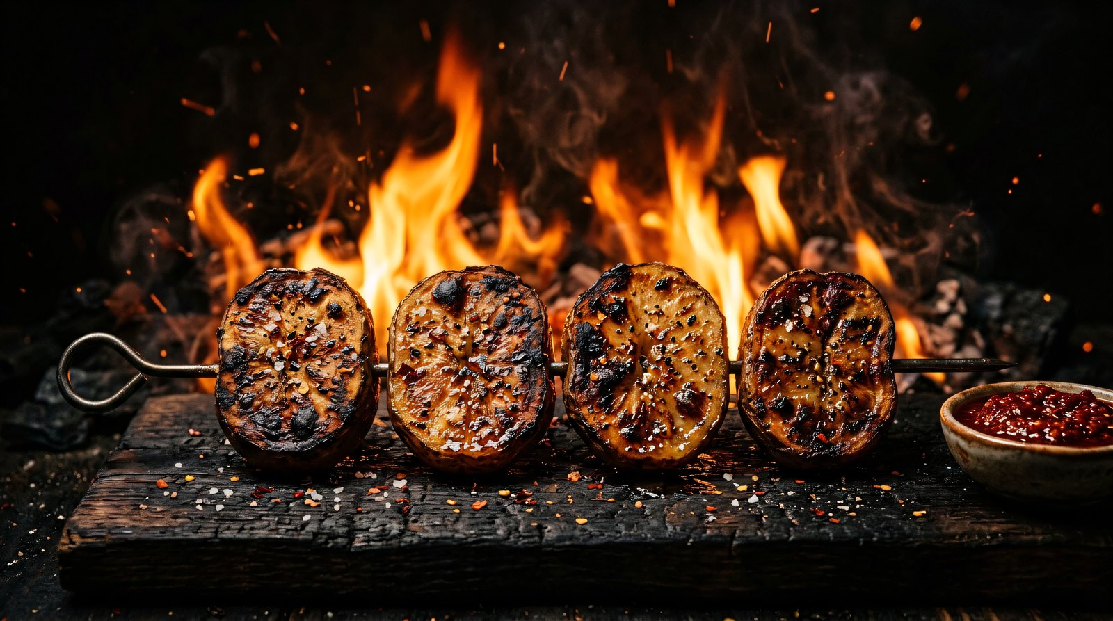 Grilled potato on a skewer beside red sauce